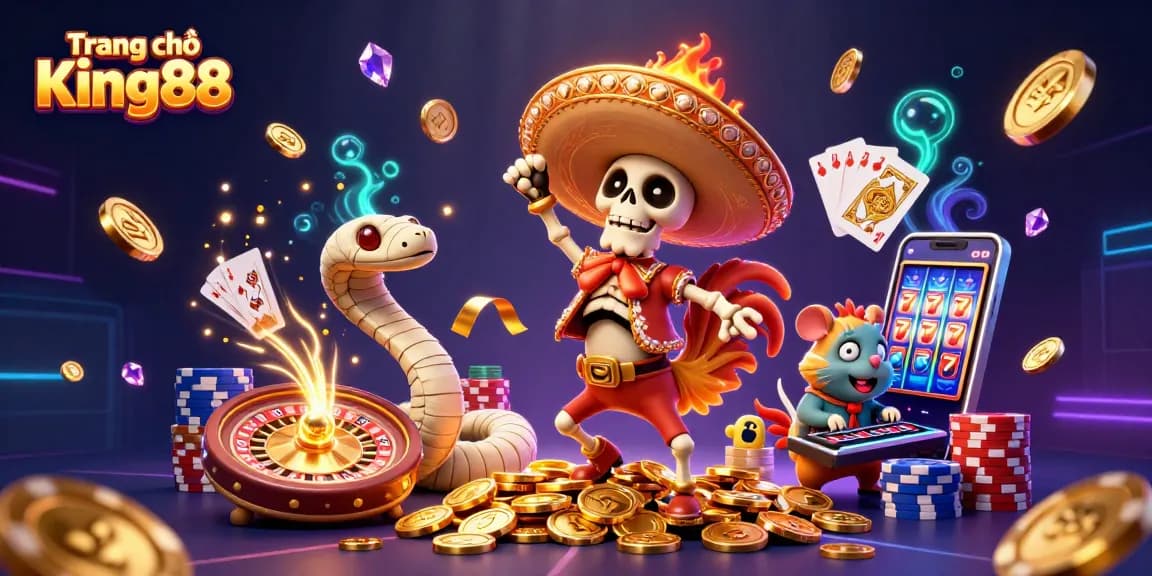 Experience the vibrant energy of Trang chủ King88 with a skeleton mariachi rooster and captivating casino themes.