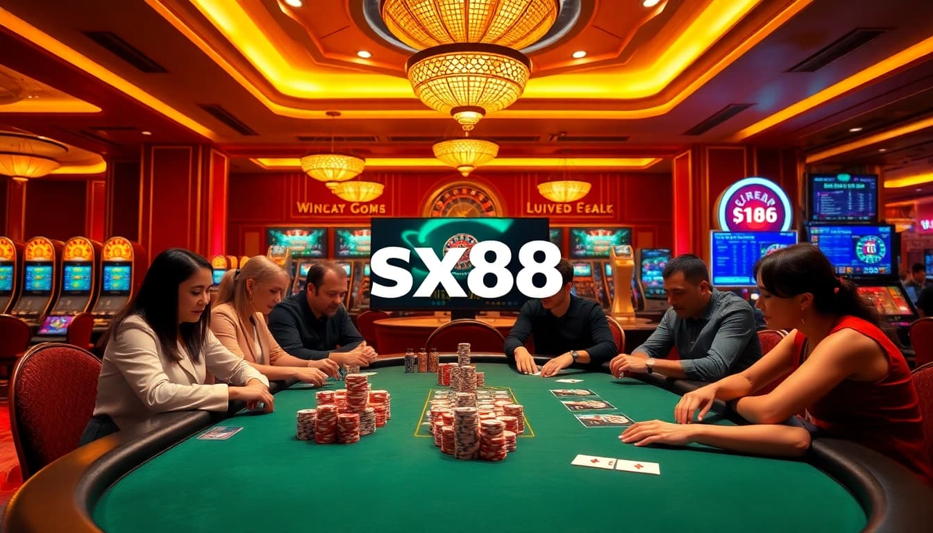 Players at a luxurious sx88 casino table enjoying a thrilling poker game amid vibrant slot machines.