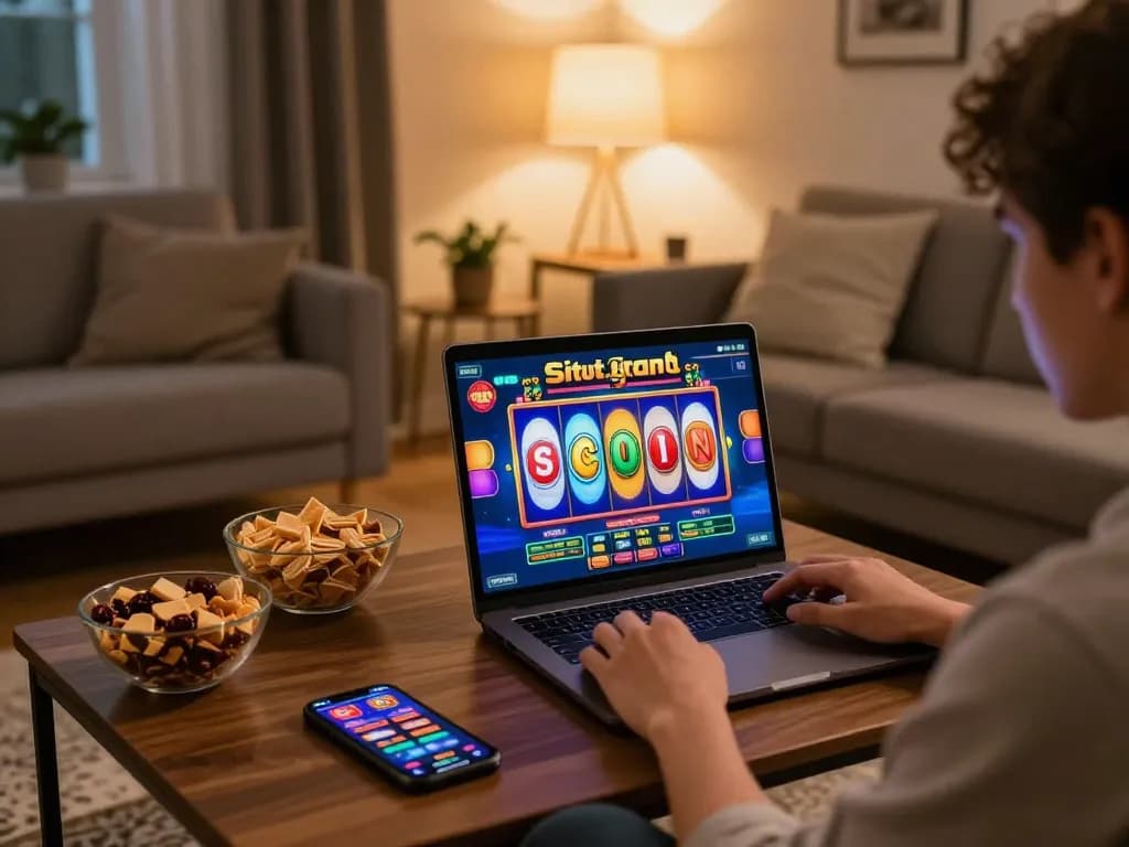 Engaged player enjoying situs slot online gaming on a laptop in a cozy living room.