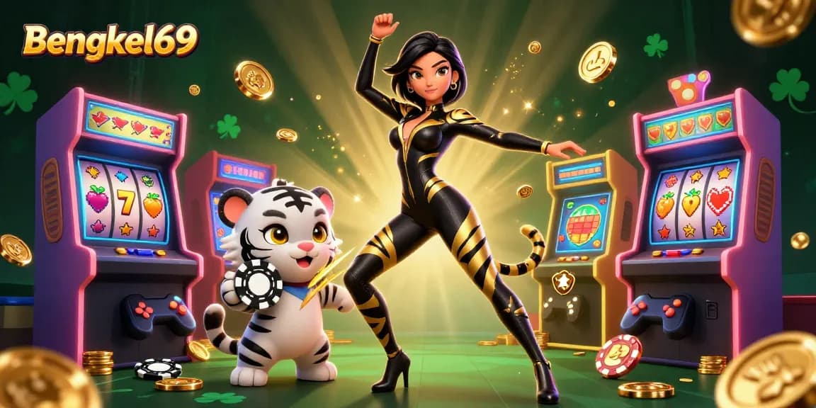 Bengkel69 showcases a dynamic 3D scene featuring a woman in a sleek catsuit with a playful white tiger amidst vibrant casino games.