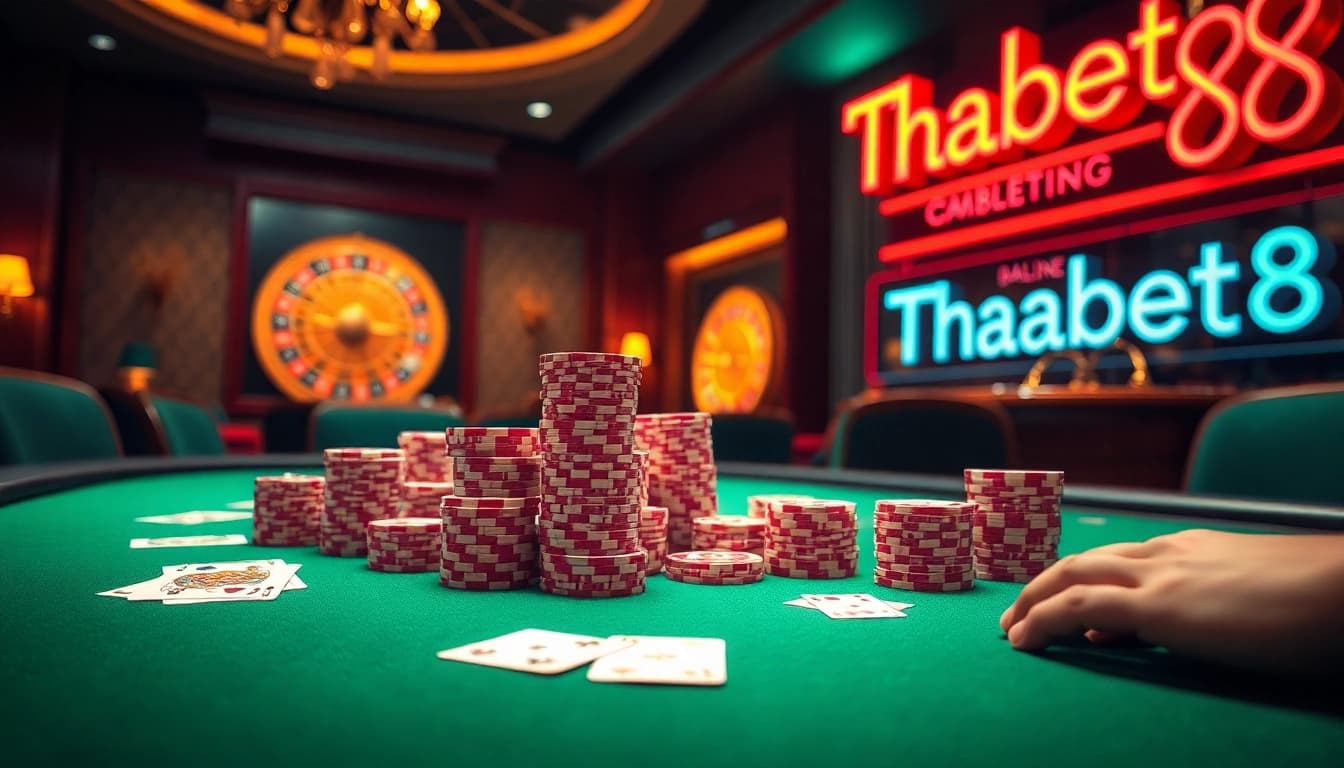 A thrilling poker game scene at https://thabet88.site/, showcasing gameplay with vibrant colors and luxurious elements.