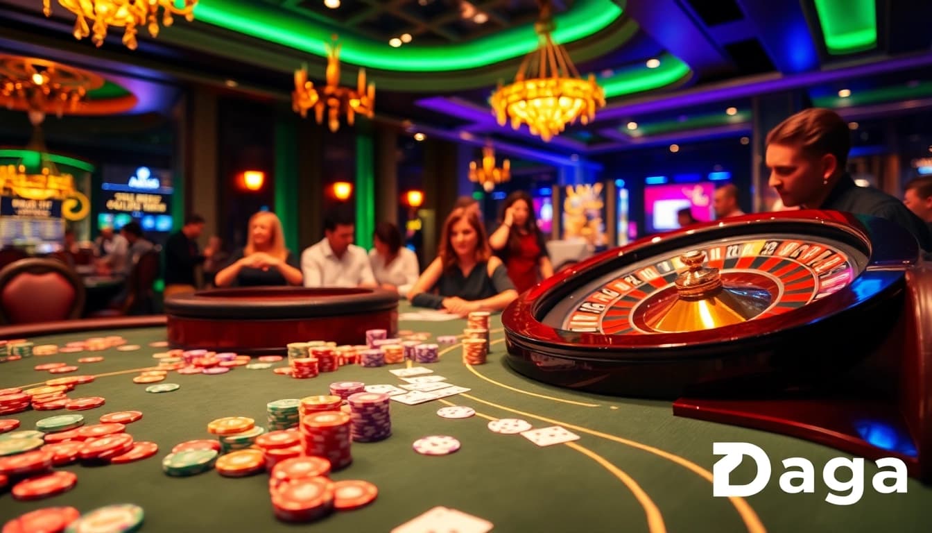 Daga members enjoy thrilling gameplay at a vibrant poker table in a luxurious casino.