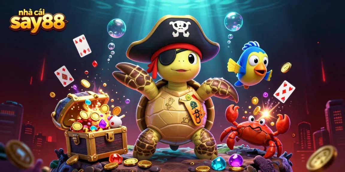 Engage with nhà cái say88's vibrant casino adventure featuring a pirate turtle and treasures