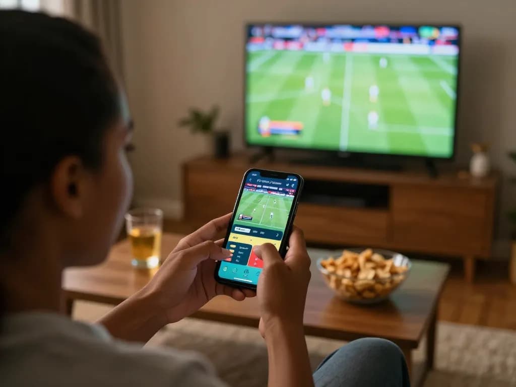 Engaged in sports betting South Africa, placing bets via mobile app while watching live soccer match.