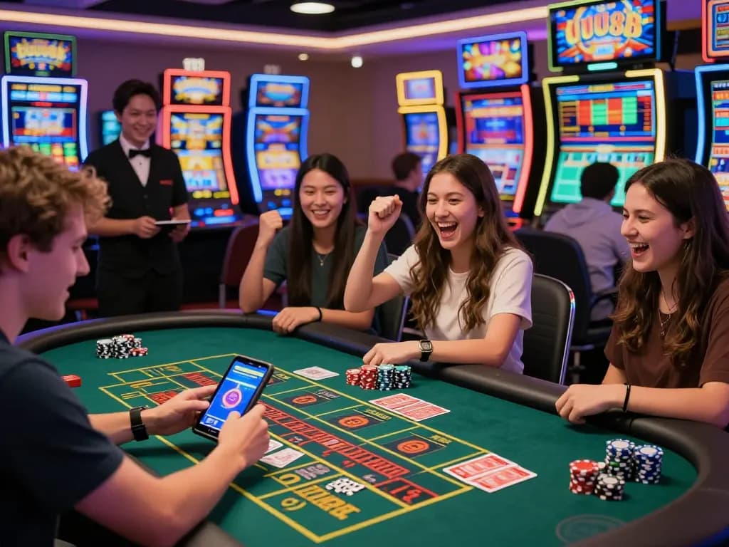 Enthusiastic player engaging with UU88's online casino, showcasing vibrant game atmosphere and excitement.