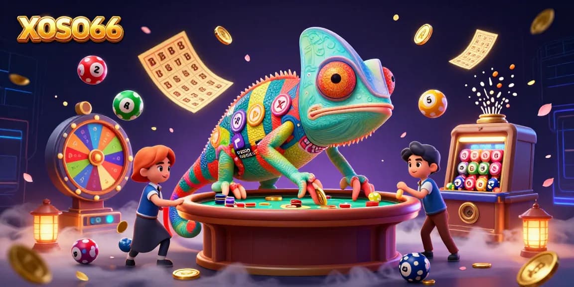 XOSO66 captures the excitement of dynamic lottery gaming with a vibrant illustration filled with colorful elements.