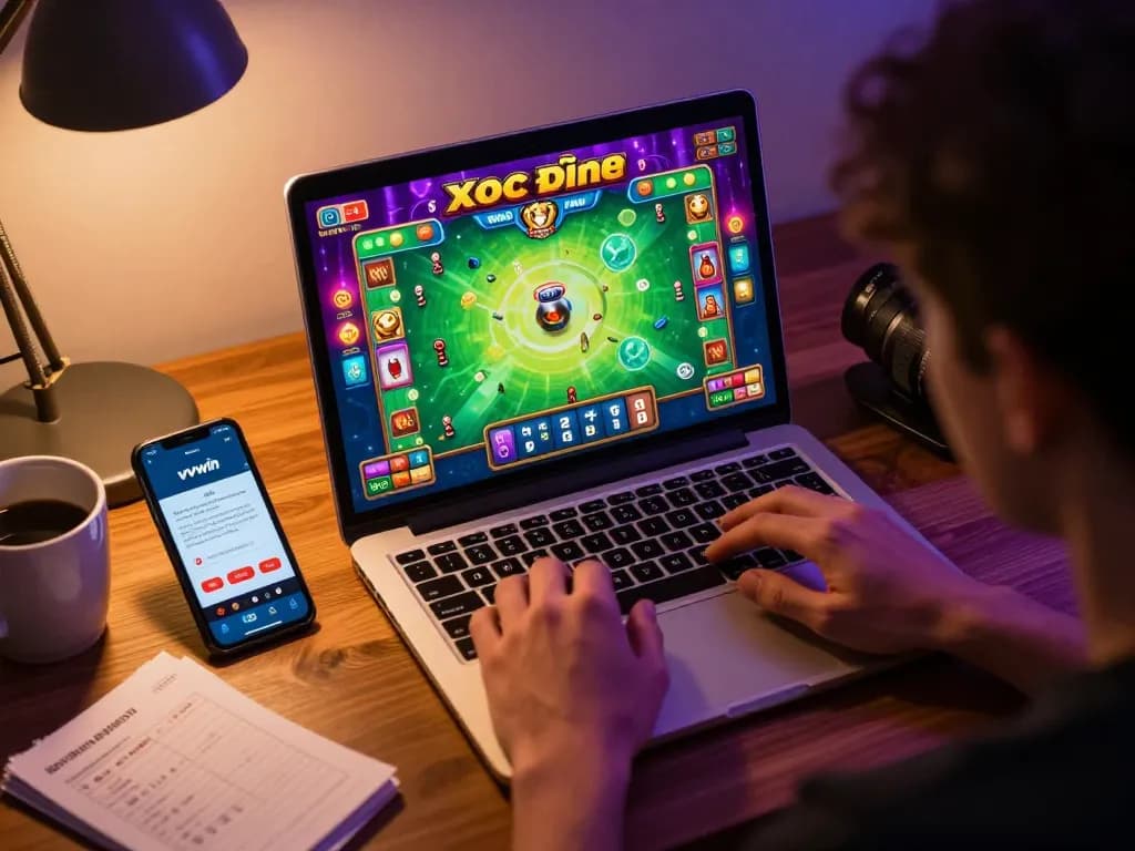 Engaging gameplay on vvvwin casino app with colorful Xóc Đĩa game illustration.