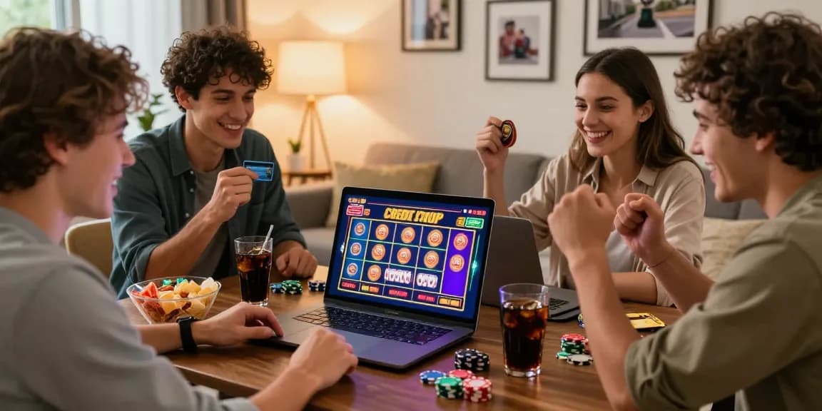 Friends enjoying an online casino game at scoarch.org.uk with vibrant graphics and snacks