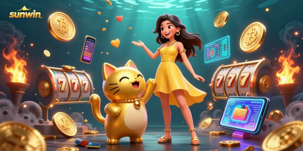 Experience exciting casino games with sunwin and a friendly golden lucky cat amidst golden coins.