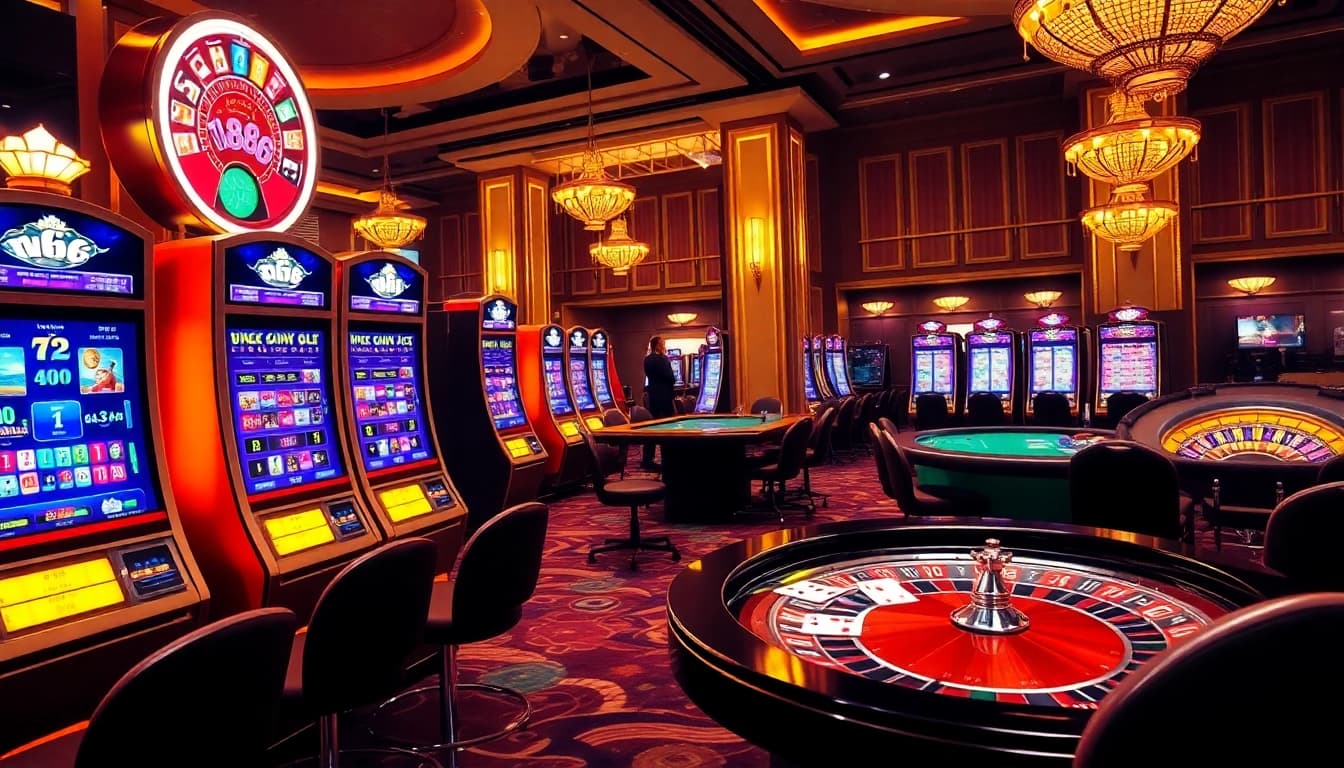 Engaging players enjoying the thrill of nk88 casino with vibrant slot machines and elegant tables.