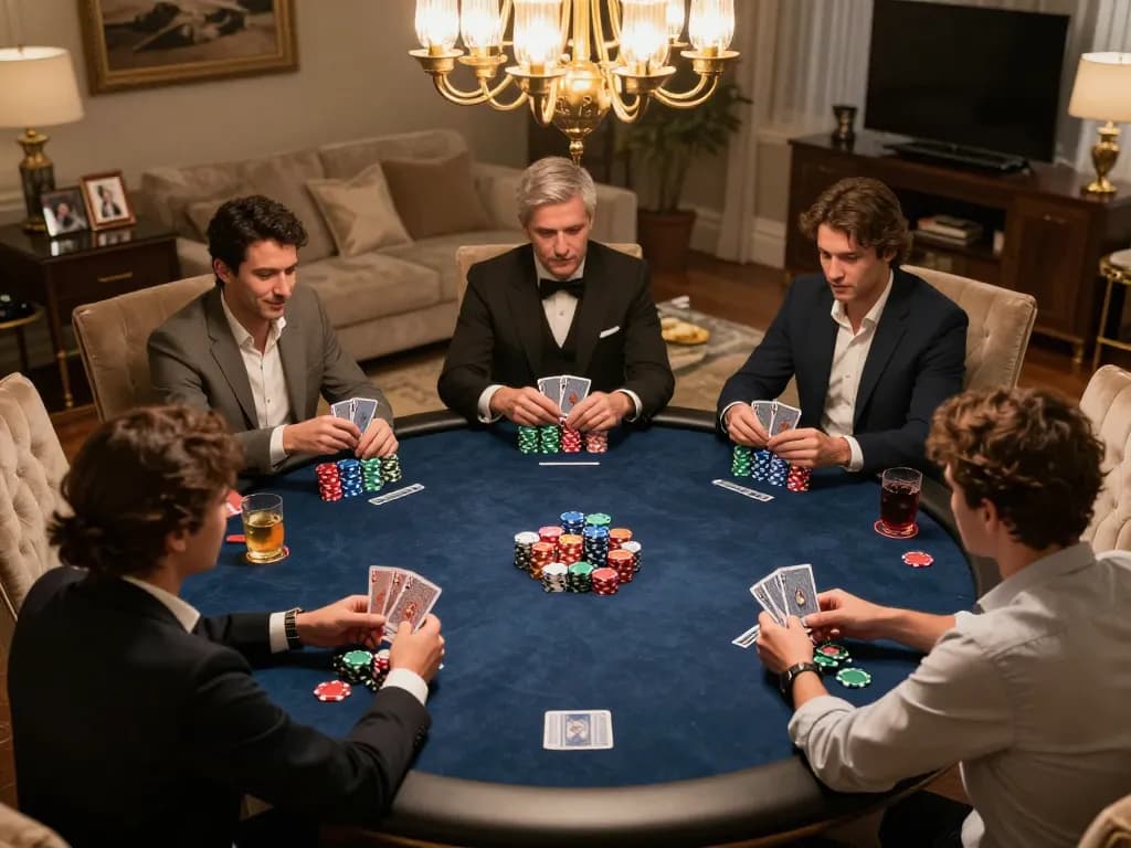 Players strategic gameplay at Nhà cái gg88 poker night in a cozy home atmosphere.