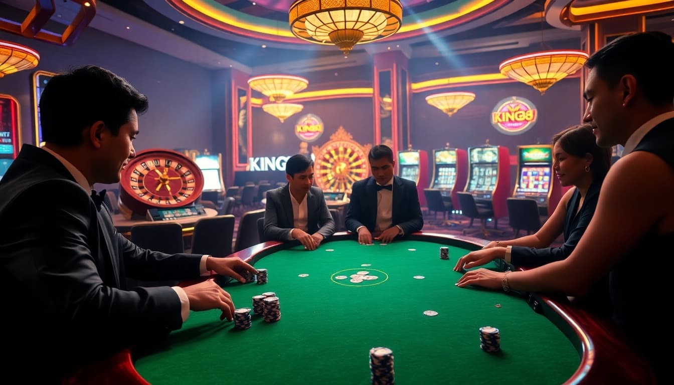 Experience high-stakes poker at King88 with colorful chips and a luxurious casino ambiance.