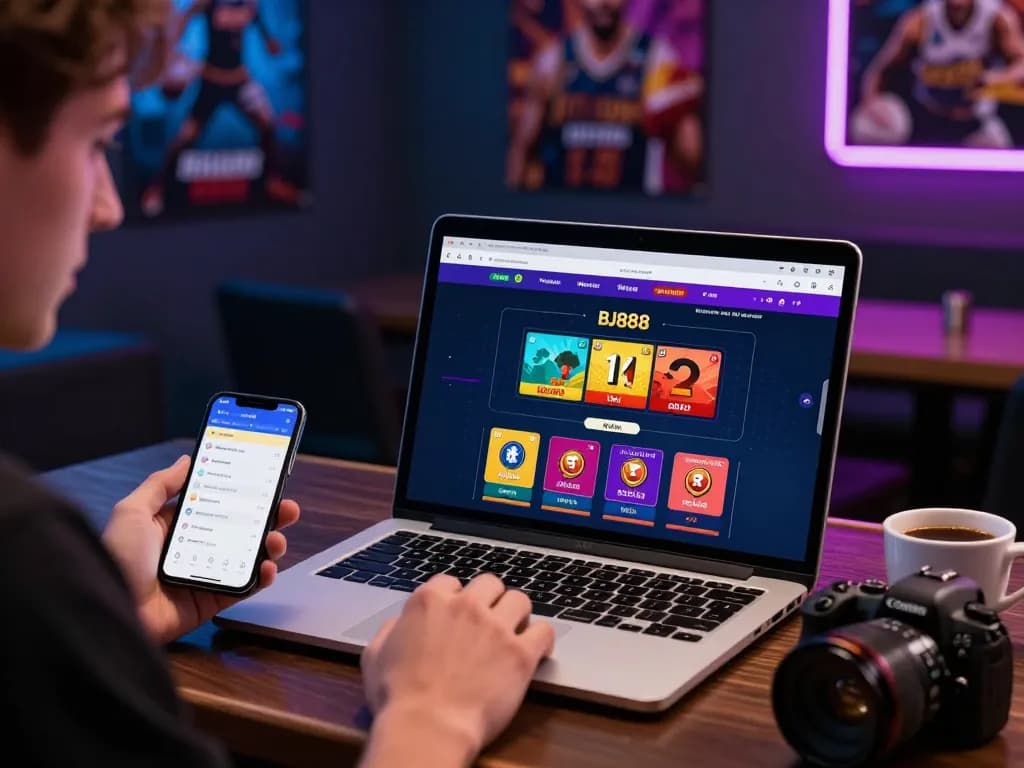 Engaging BJ888 online gambling experience with a player using a laptop and smartphone.