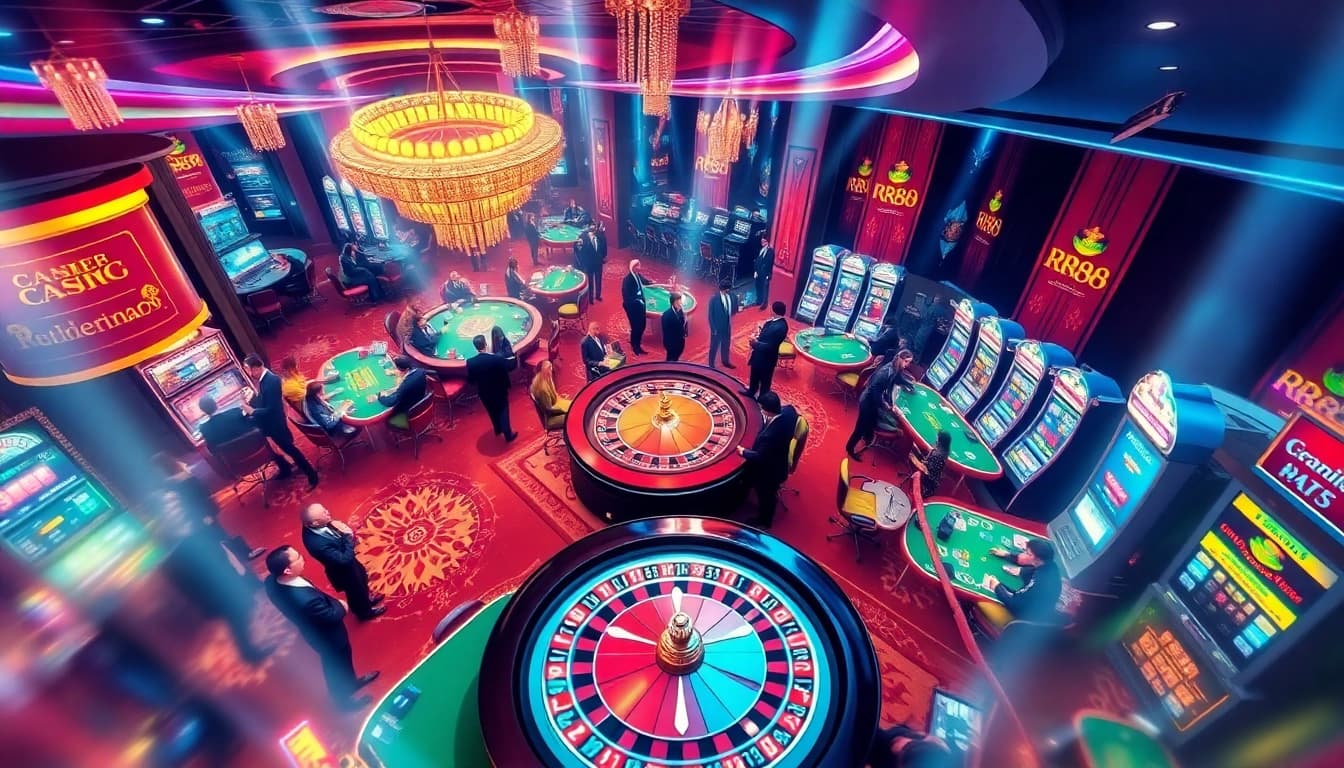 Experience thrilling gaming at RR88 with players enjoying the excitement of roulette and poker tables.