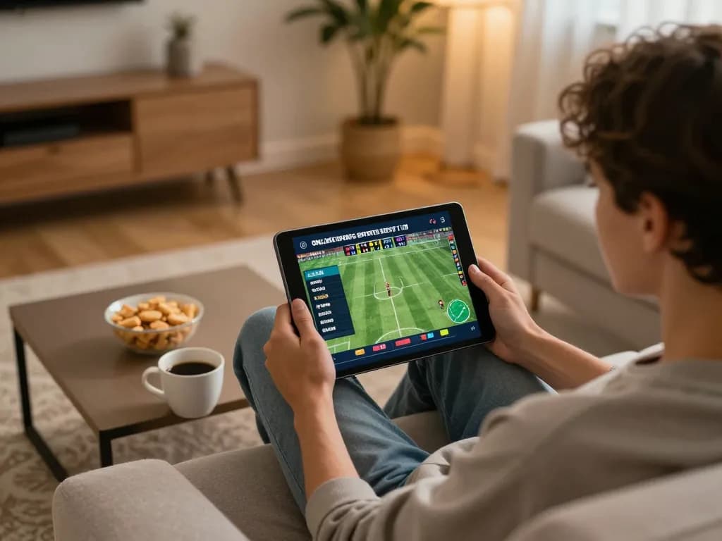Engaging in live sports betting using tablet to check ty le keo nha cai in a cozy home setting.
