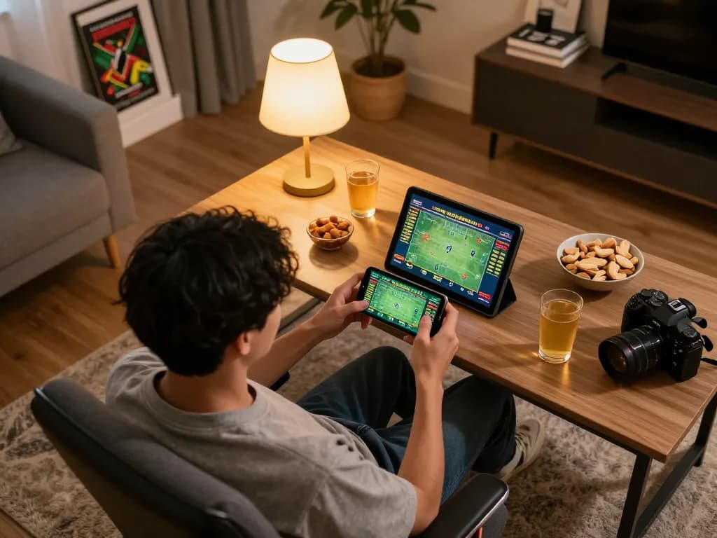 Person engaging in online sports betting with 68win app on their smartphone in a modern home setting.
