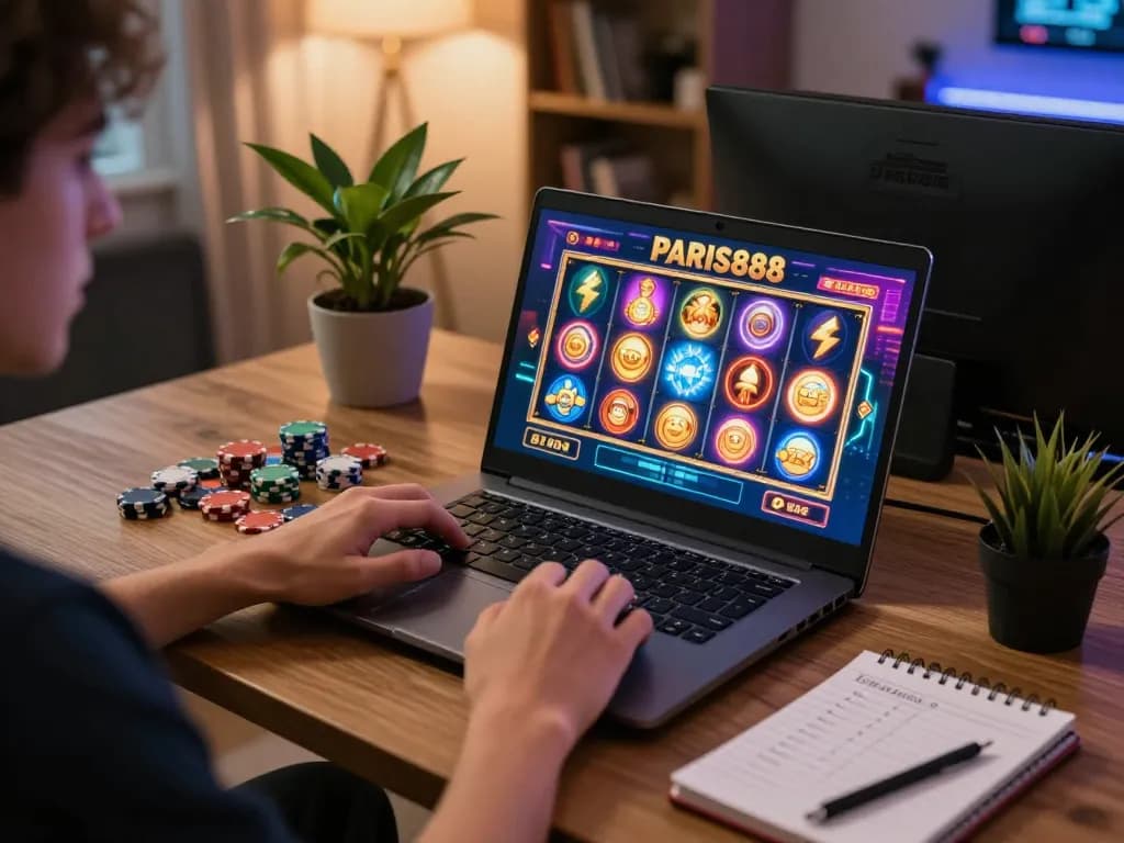 Engaging player enjoying Paris888 slot games on a laptop, showcasing strategic online gambling.