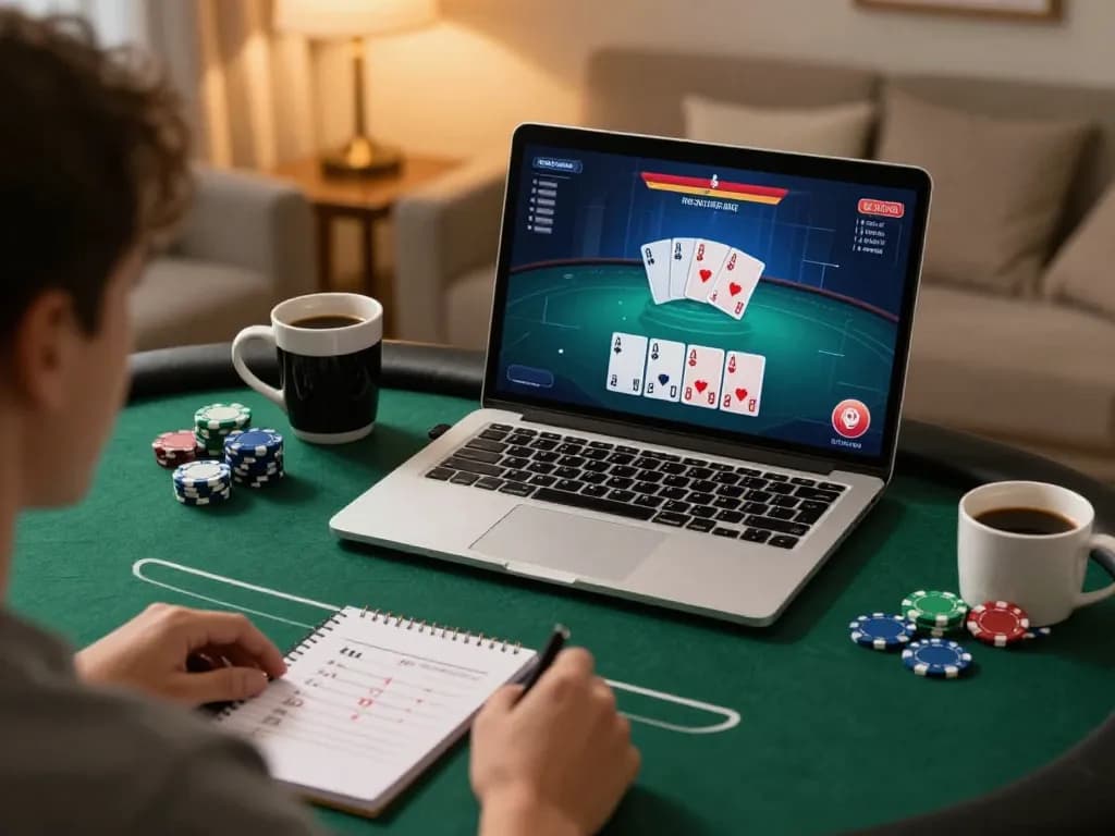Engaging in online poker with 5679 players in a cozy home setting, showcasing strategy and responsible gaming.