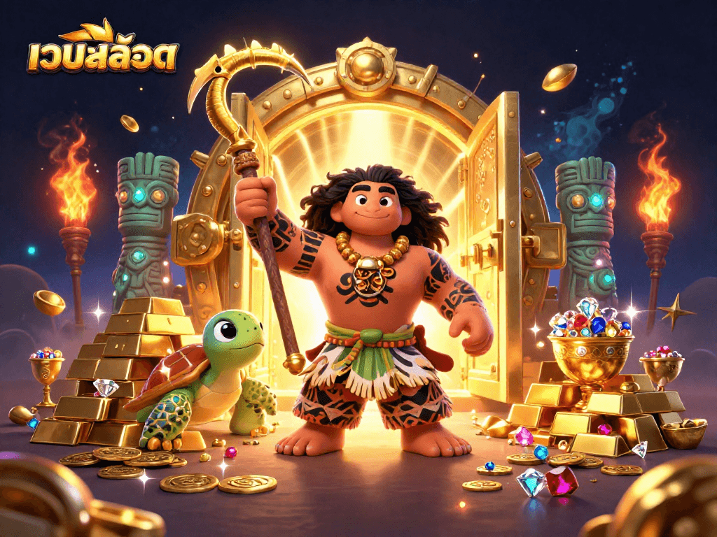 Experience เว็บสล็อต excitement with vibrant 3D demigod and treasures in this detailed scene.