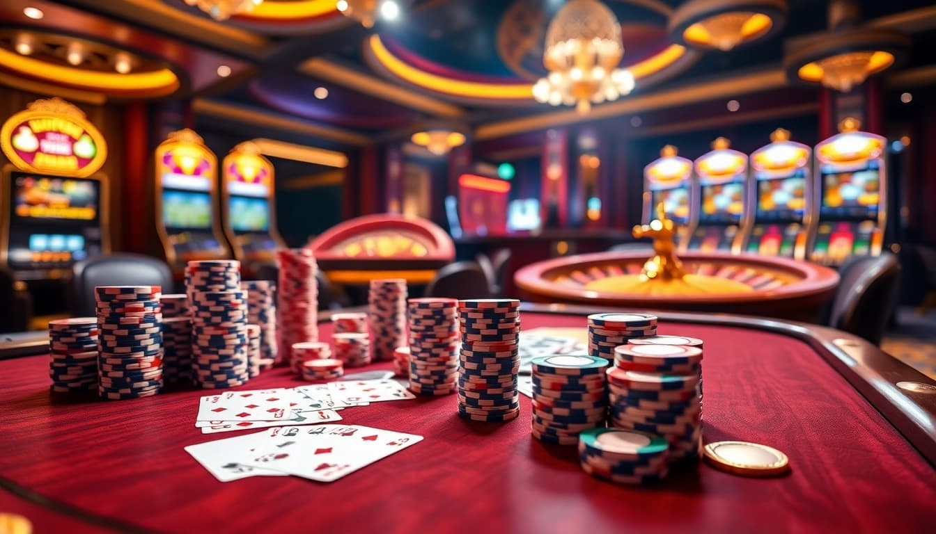 Experience thrilling gameplay at OKFUN casino with vibrant poker tables and roulette wheels.