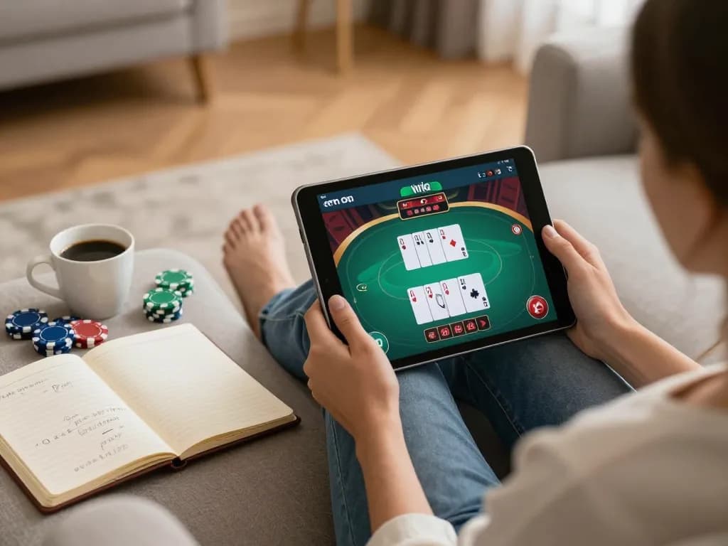 Engaging in online poker at home with 789f on a tablet, surrounded by strategy notes.