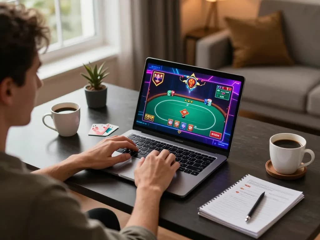 Engaging online gaming setup showcasing 789P poker gameplay with notes and coffee for strategy.