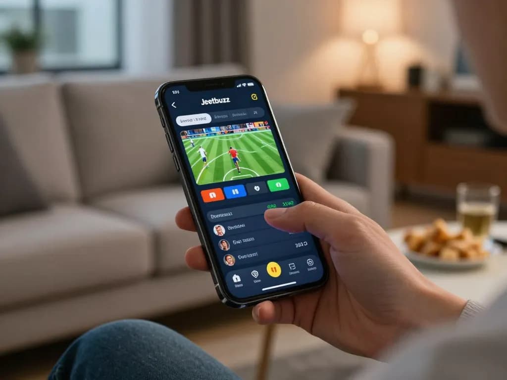 Using the Jeetbuzz App for mobile sports betting in a cozy setting, showcasing user engagement.