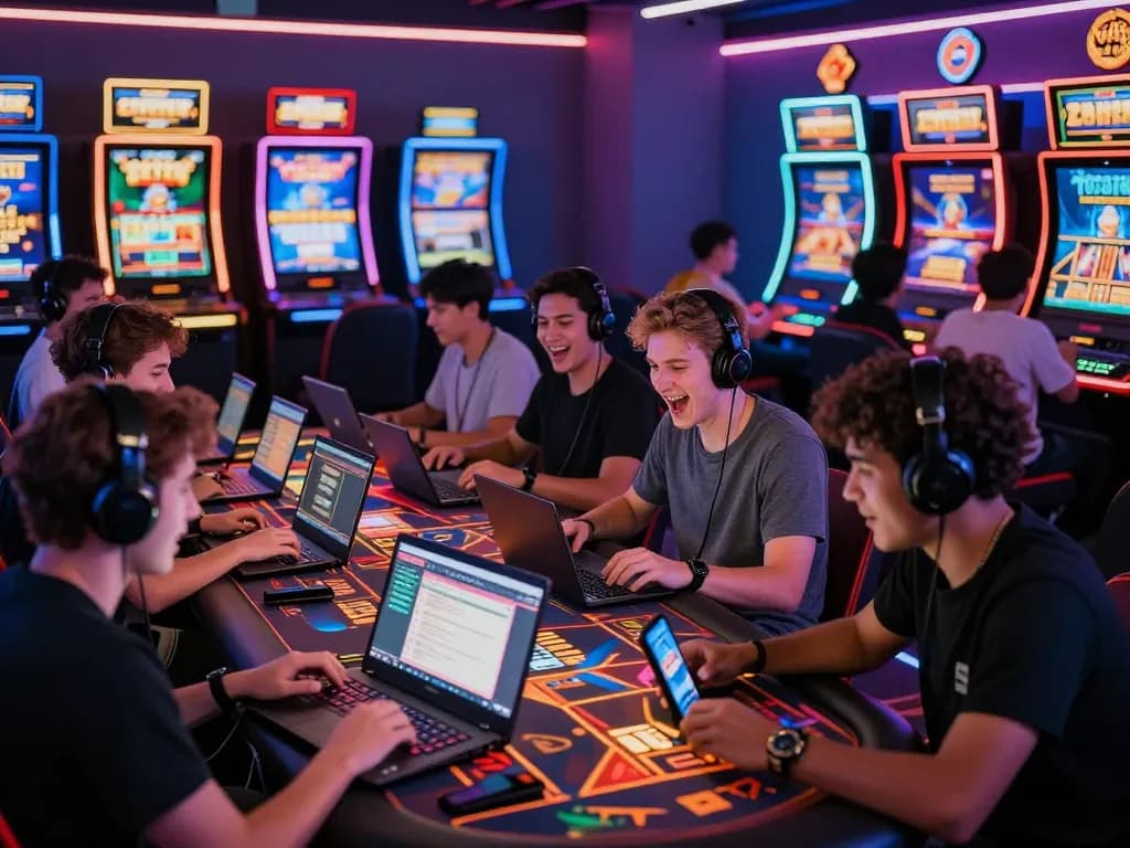 Exciting online gaming community at https://luckywin.free/ with players engaging on laptops and mobile devices in a vibrant casino atmosphere.