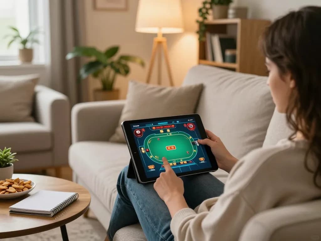 Sesi permainan online yang menarik di tablet dengan antarmuka permainan poker v87 di ruang tamu yang nyaman.
