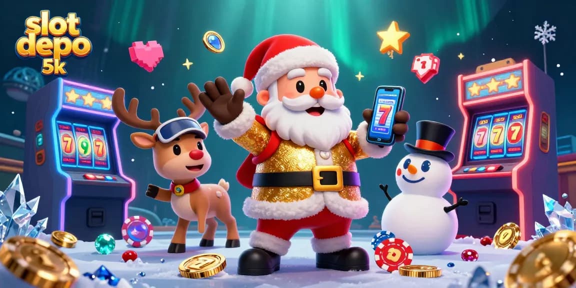 Spin to win with slot depo 5k at a vibrant casino cartoon scene featuring Santa and friends.