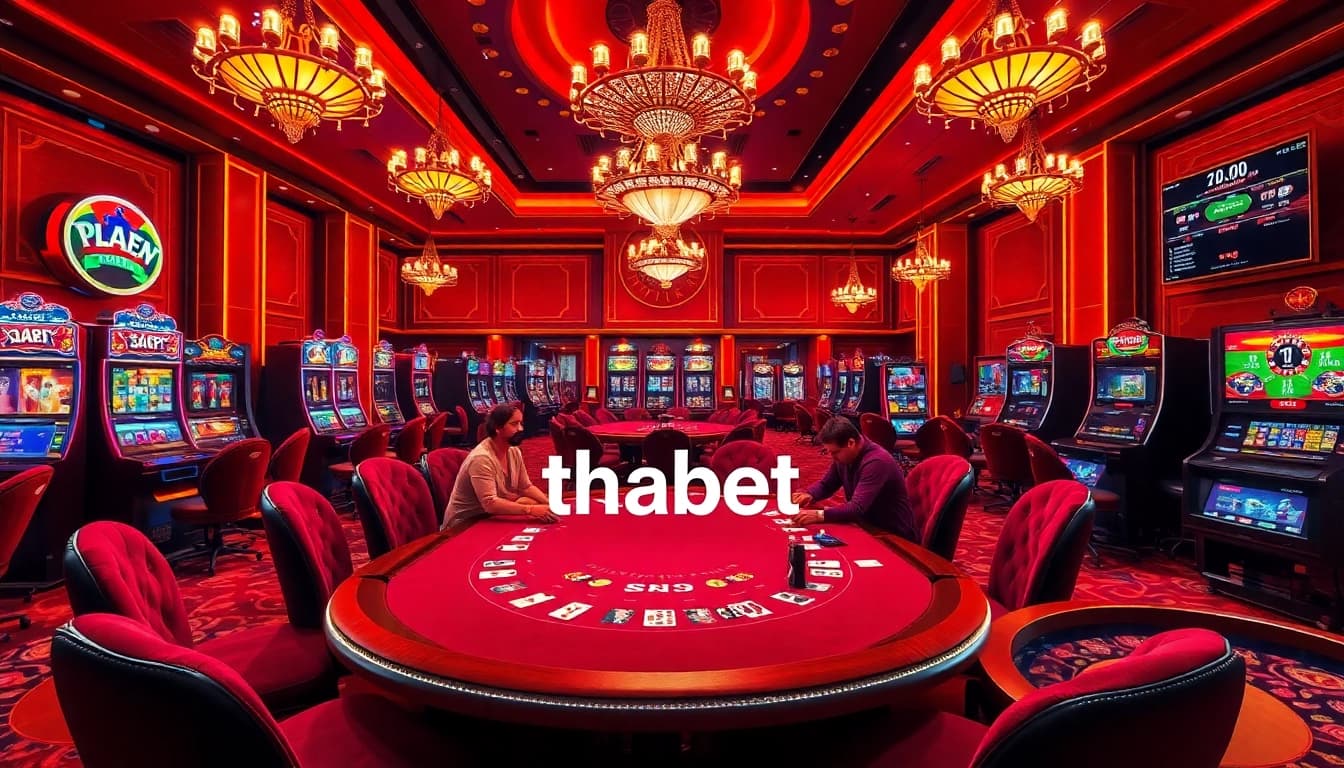 Players enjoying a thrilling poker game at Thabet's luxurious casino, surrounded by vibrant slot machines.