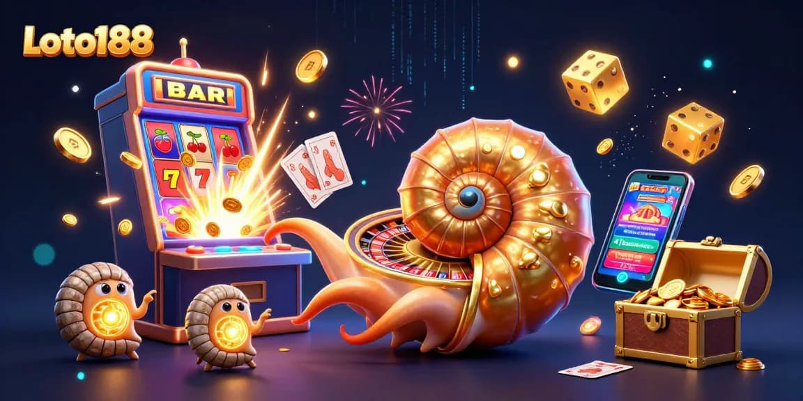 Loto188 brings excitement with a stunning display of casino games, featuring colorful slot machines and cards.