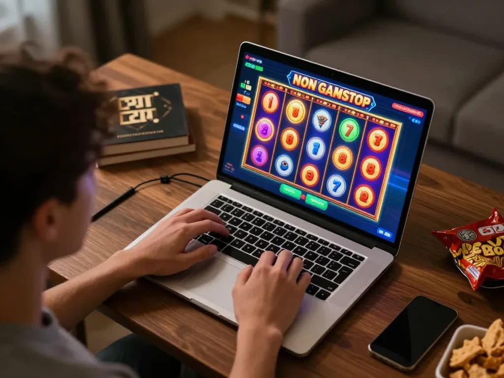 Player enjoying non gamstop casinos on a laptop at home with engaging slot game interface.