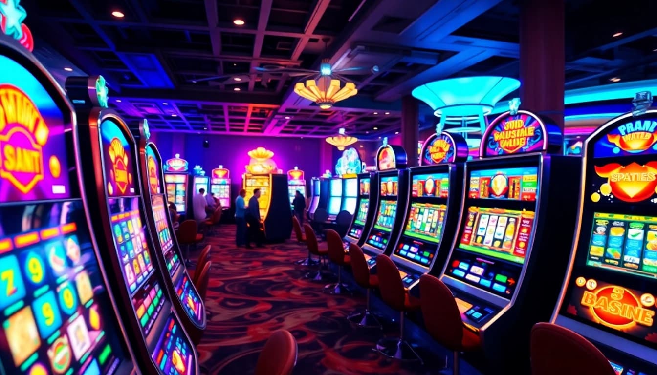 Bermain garasislot di mesin slot modern dengan suasana kasino yang hidup.