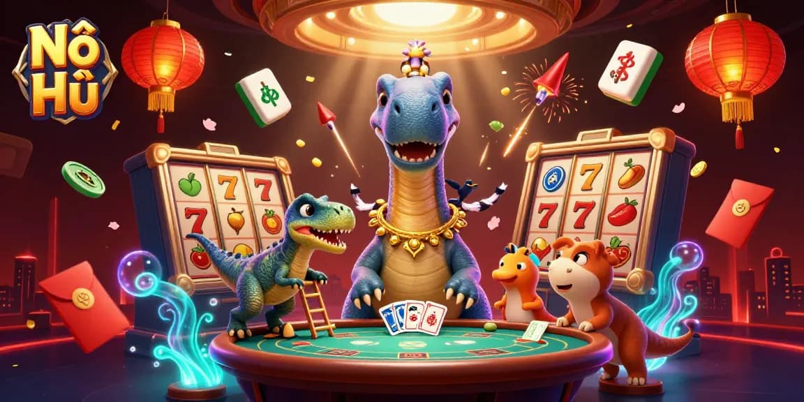 Engage with Nổ Hũ in a vibrant 3D casino scene filled with slot reels and rich decorations.