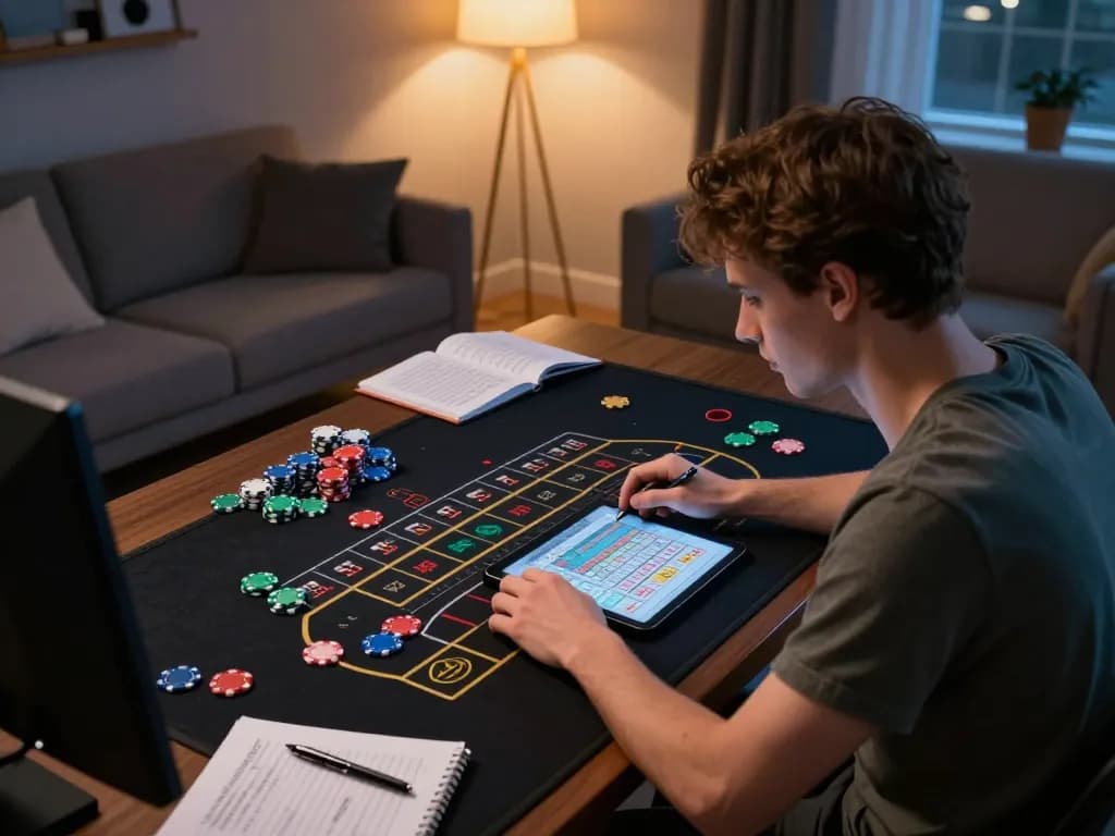 Engaging in Đăng ký Luck8 gaming session with a roulette app at home, showcasing a cozy atmosphere and strategy notes