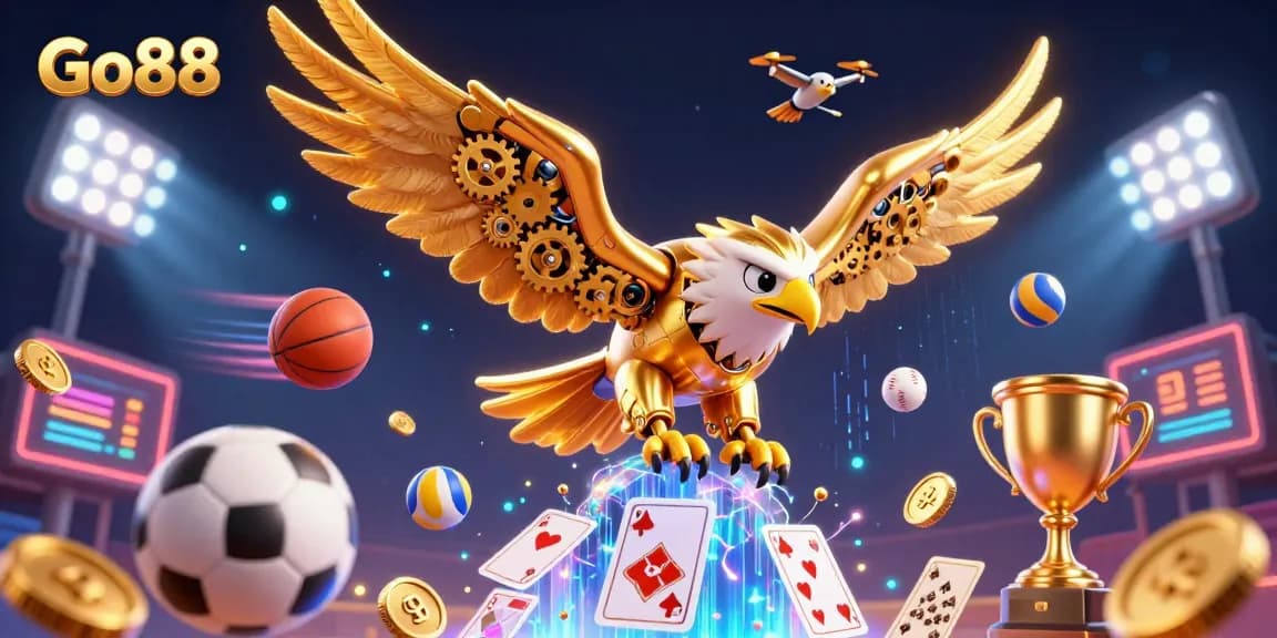 Engage in thrilling gaming at Go88 with a 3D illustration of a golden eagle amidst dynamic sports elements.
