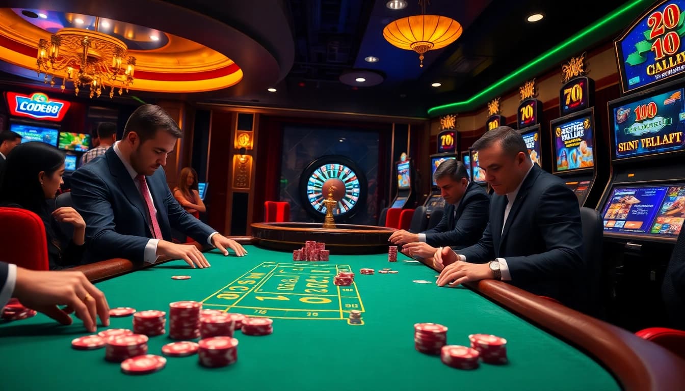 The exhilarating poker scene at LODE88 casino with chips and cards, capturing the thrill of high stakes.
