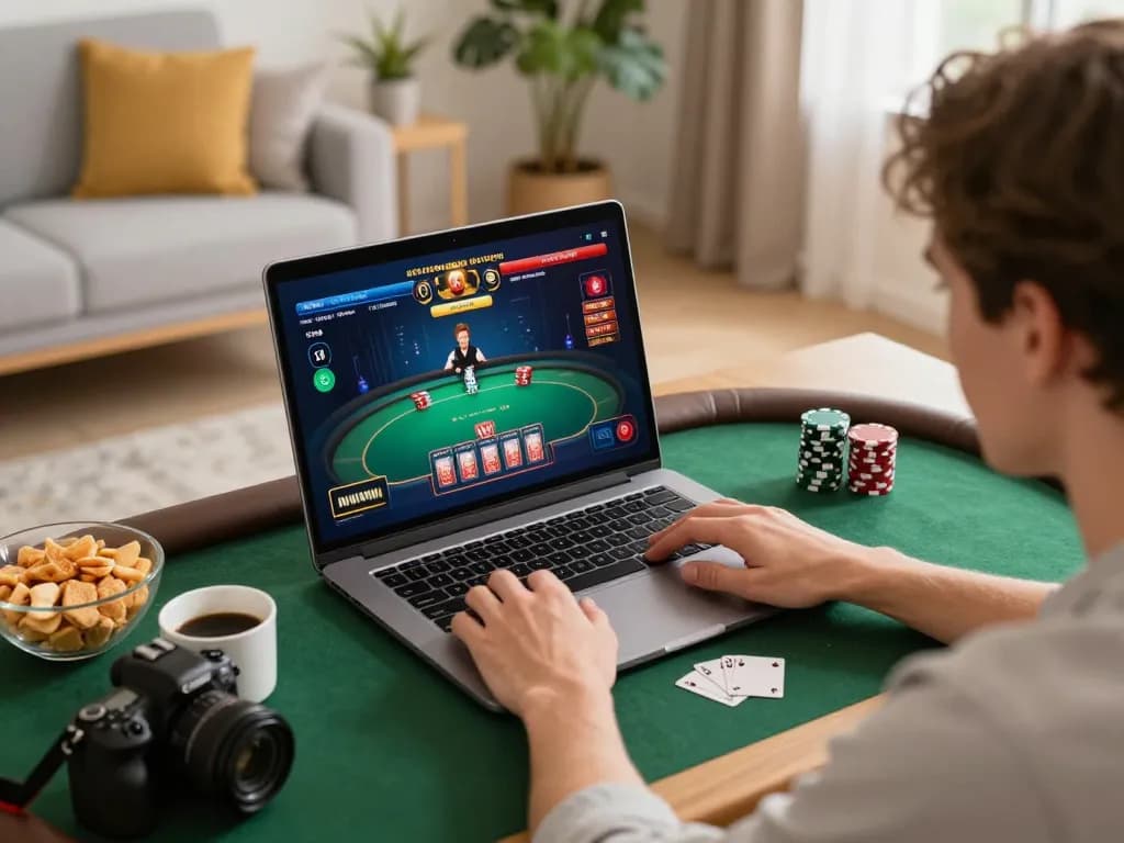 Engaging in poker gameplay on FABET's online platform, showcasing strategic gaming at home.