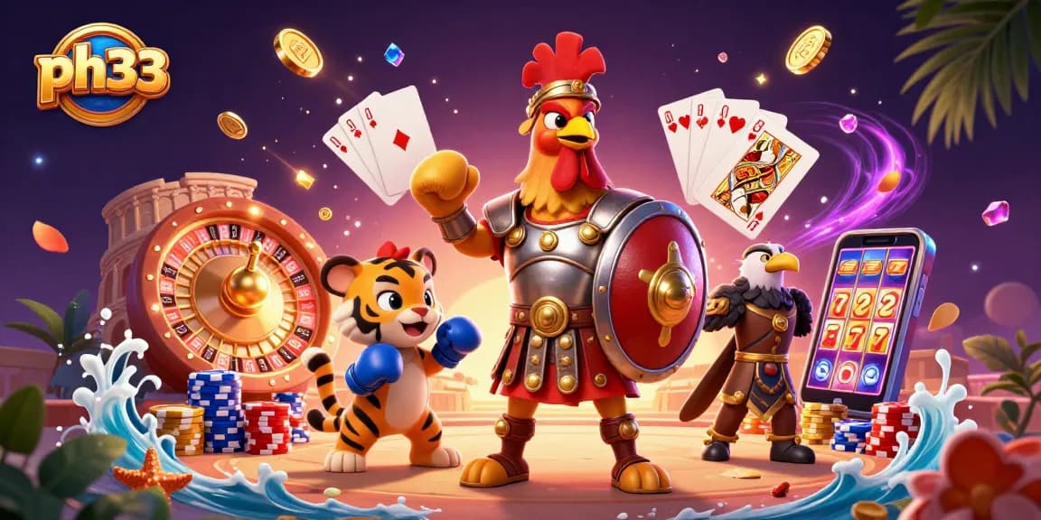 Experience thrilling moments at ph33 with a dynamic casino scene, showcasing winning symbols and characters.