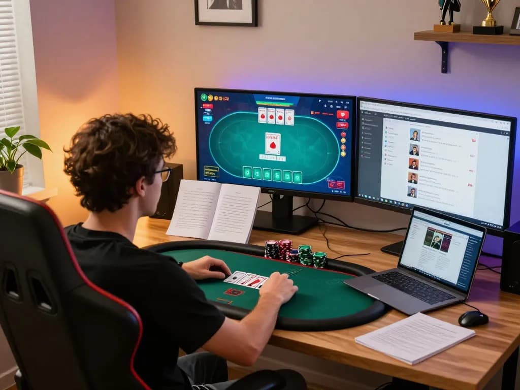 Bermain poker online di beberapa layar, menampilkan strategi kiu77 dan antarmuka yang cerah.