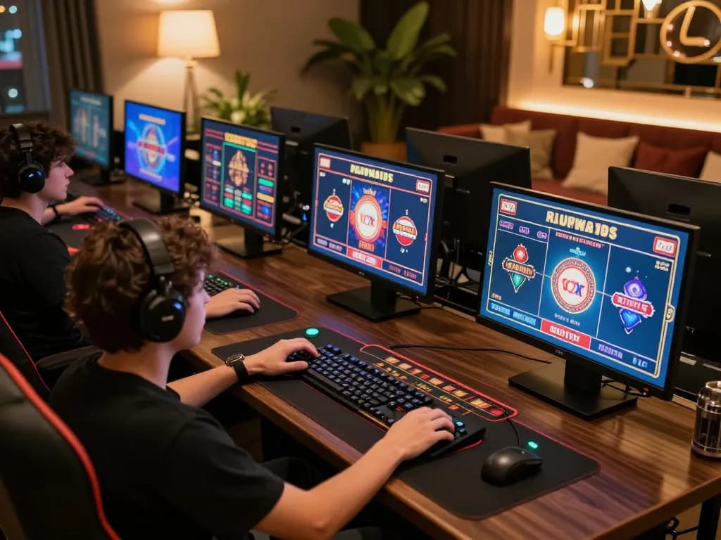 Player enjoying an online gaming session at nhà cái mb66 with engaging casino games on multiple screens.