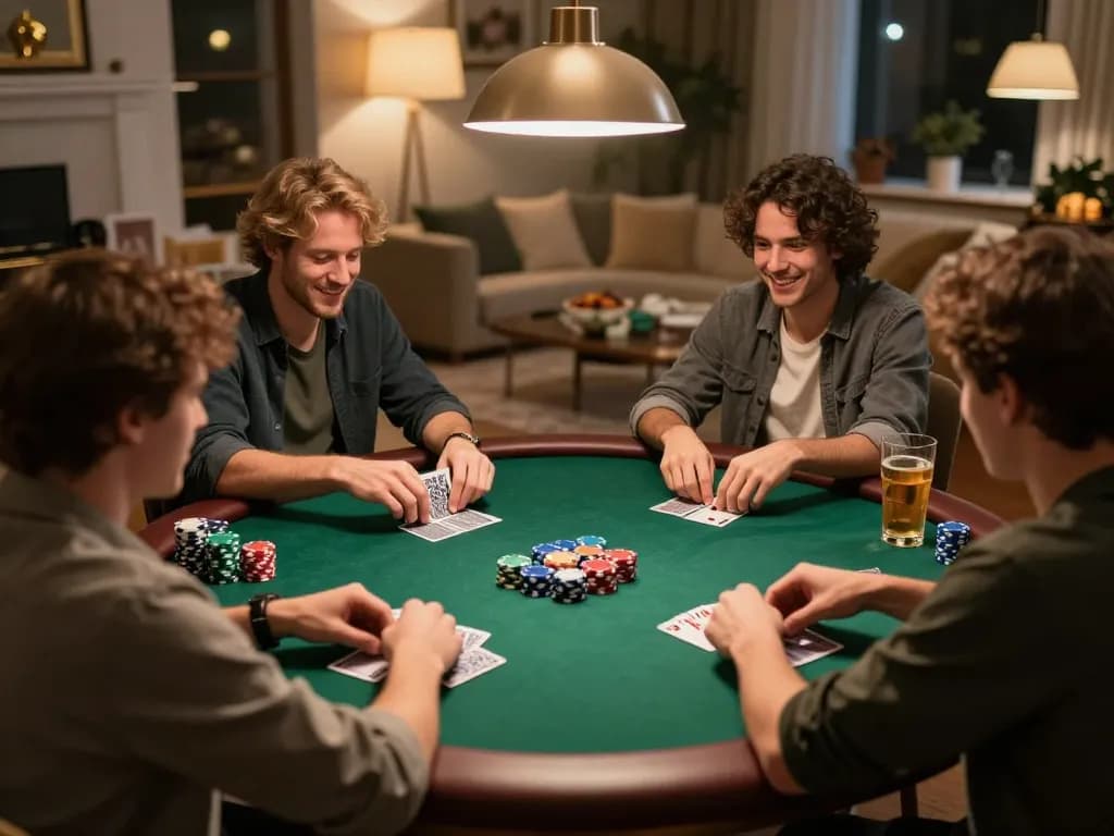 NK88 poker night with friends showcasing vibrant chips and cards in an inviting home setting.