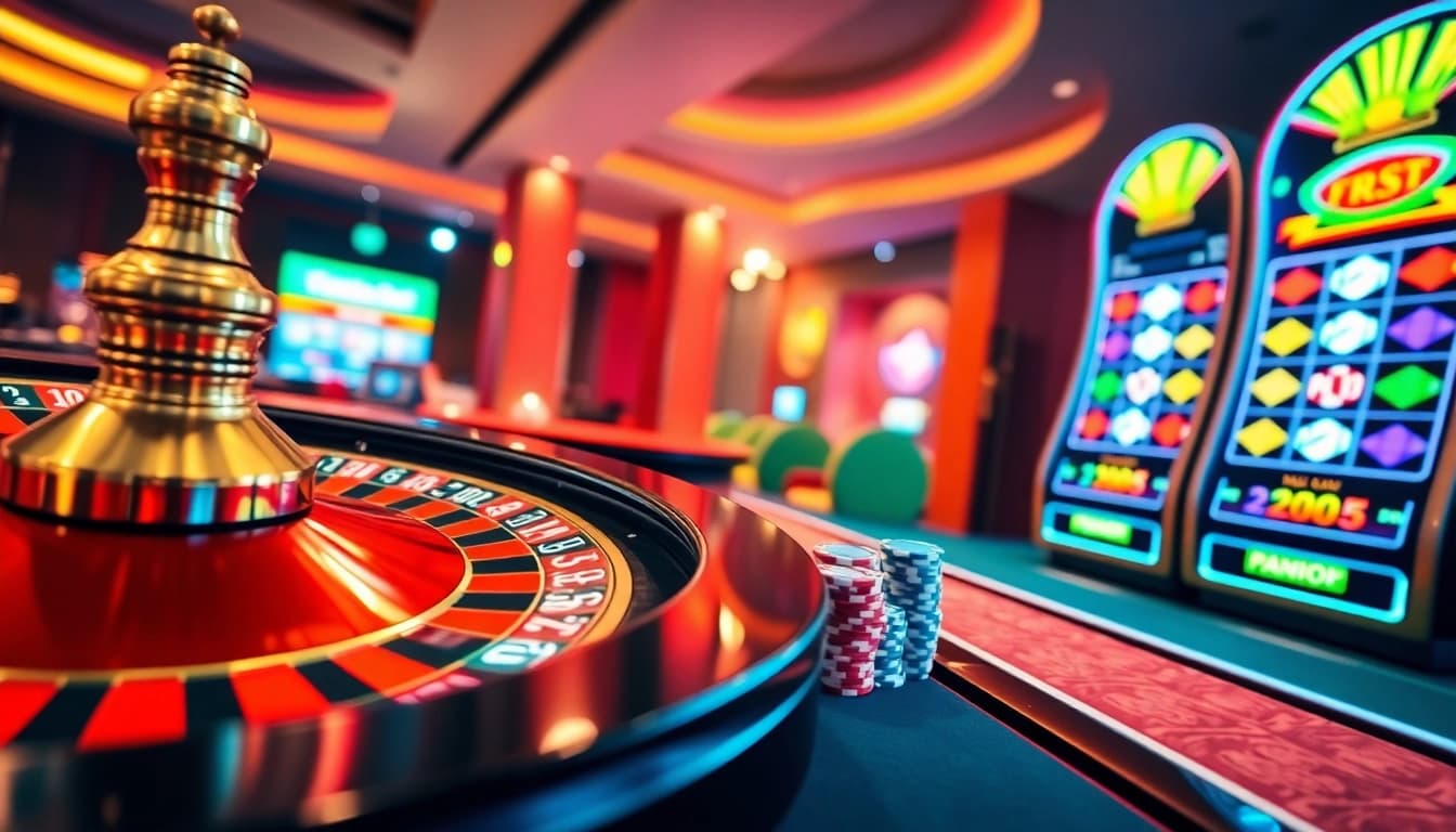 Rasakan momen kemenangan di rajampo dengan visual kasino yang menarik menampilkan roulette dan slot.