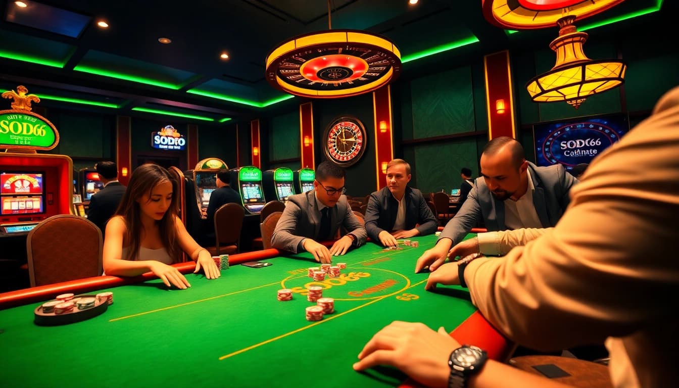 SODO66 immersive casino scene with poker chips and slot machines, capturing high-stakes excitement.