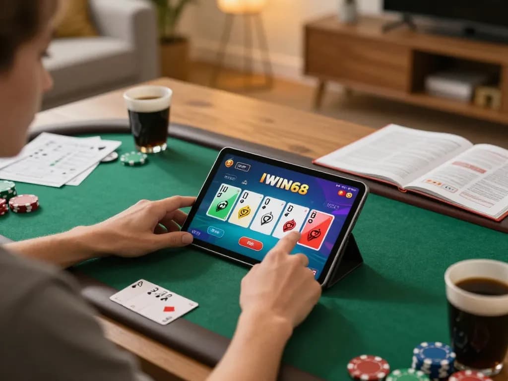 IWIN68 player enjoying online poker on a tablet in a cozy home environment with strategy notes