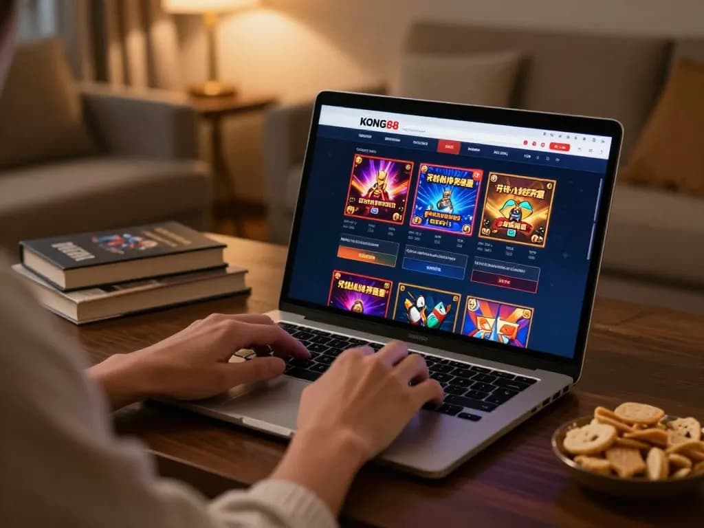 KONG88 online casino gaming setup showing person engaged in strategic gameplay at home with a laptop interface.