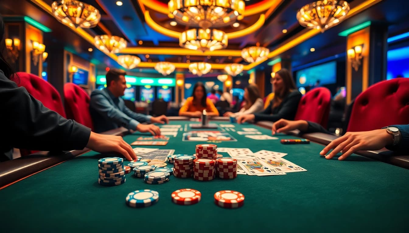 Players enjoying an exciting game at ee88 nhà cái casino table with vibrant chips and cards.