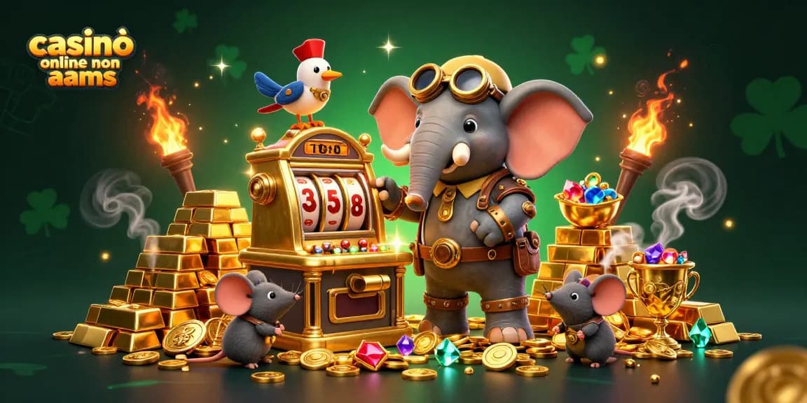 Casinò online non AAMS con un elefante ingegnere steampunk che opera una macchina da gioco dorata, circondato da tesori.