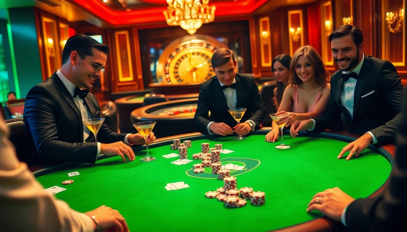 Excited players enjoying a game of poker at 99win, with luxurious decor and vibrant atmosphere.